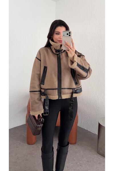 HAZELANNA Belted Milk Coffee Leather Coat