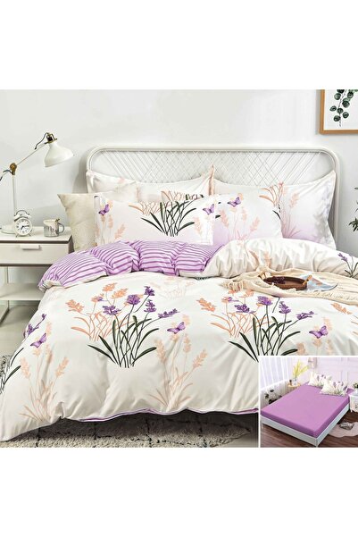OEM Bed linen, 2 people, satin cotton, 4 pieces, with elastic, cream and purp...