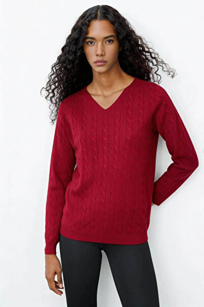 Desen Triko Women's V-Neck Full Hair Braided Sweater 24328 Dark Red