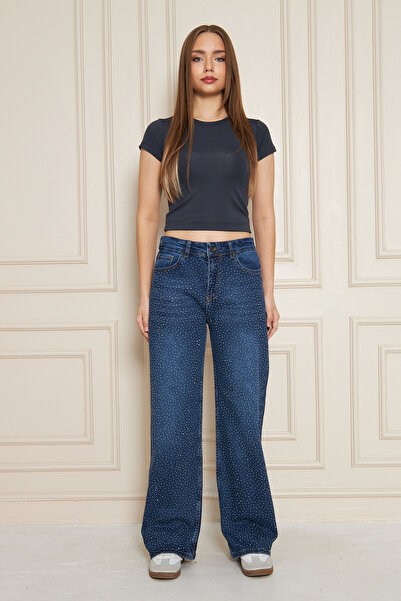 comstar Women's High Waist Baggy Stoned Wide Leg Navy Blue Jeans