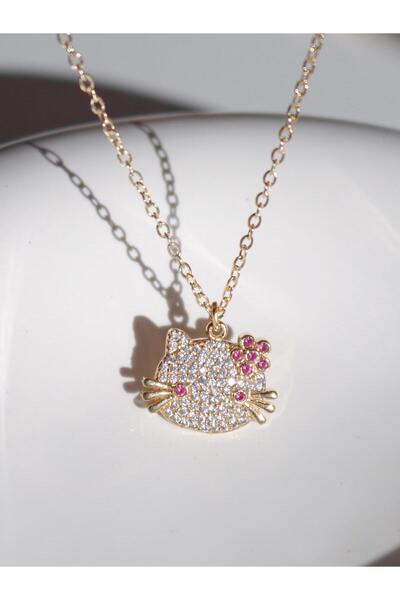 Reorah Collection Zircon Stone Dark Pink Floral Kitty Necklace