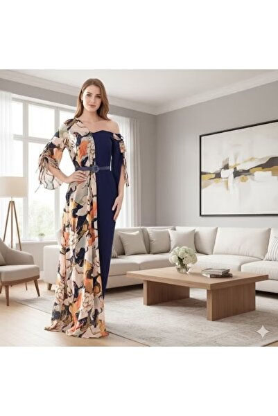 FULLJOY فستان طويل كحلي اوف شولدر مع شيفون بنقشة زهرية جذابة وحزام لمزيد من ا...