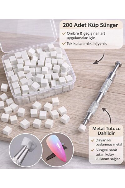 SİNKA Nail Art Ombre Süngeri 200 Adet Beyaz Sünger + 1 Adet Metal Tutucu Set