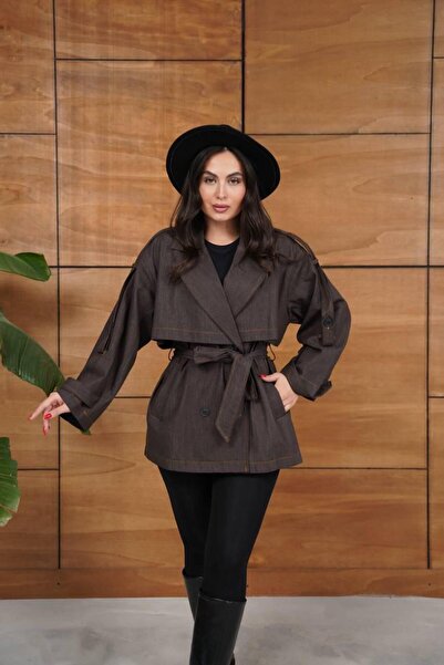 Ekim Store Denim Double-Breasted Button Belted Trench Coat