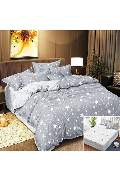 OEM Bed linen, 2 people, satin cotton, 4 pieces, with elastic, gray and white...