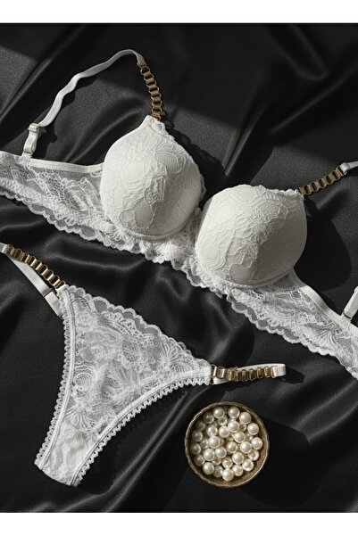 RUYAZ White Lace Padded Bra Panty Set with Metal Accessories (Bra Thong)