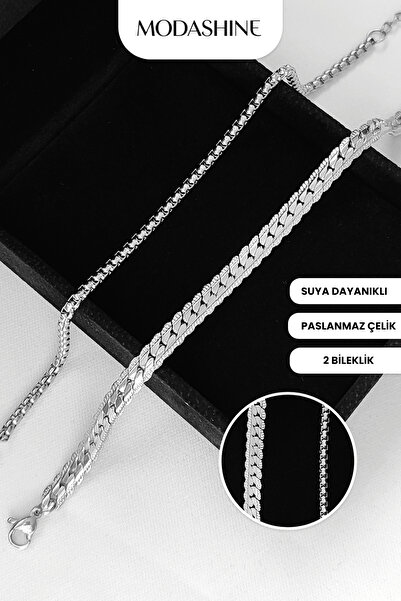 ModaShineShop مجموعة من سوارين من الفولاذ المقاوم للصدأ للجنسين، أناقة يومية