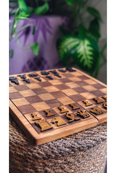 Notion lab Ahşap Katlanabilir Satranç Seti – El Yapımı Doğal Ahşap & Deri Taş...