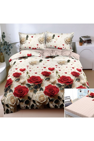 OEM Bed linen, 2 people, satin cotton, 4 pieces, with elastic, cream, with re...