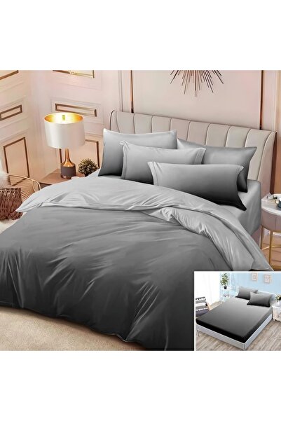 OEM Bed linen, 2 people, satin cotton, 4 pieces, with elastic, dark gray, gra...