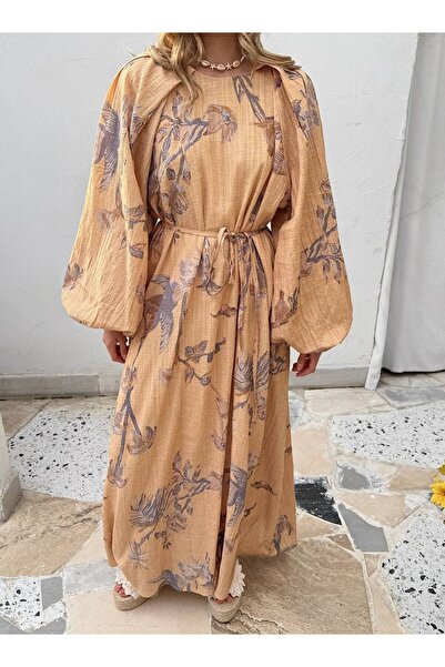 Bak'ap Premium Design Linen Patterned Balloon Sleeve Hijab Dress