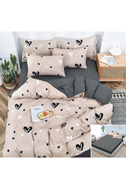 OEM Bed linen, 2 people, satin cotton, 4 pieces, with elastic, cream and blac...