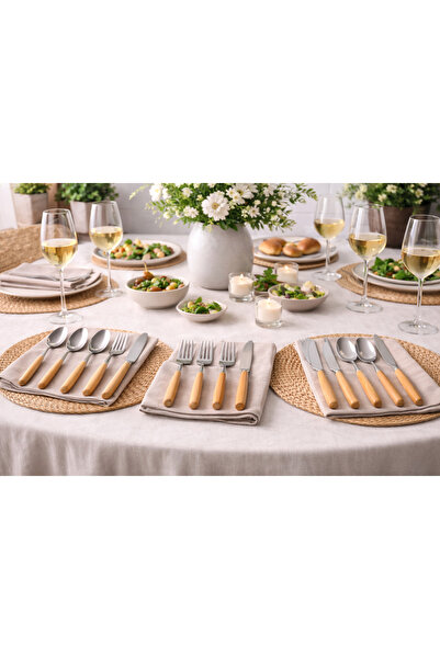 ALLEGRI Bamboo Handle Stainless Steel 18 Pieces 6-Person Luxury Dinner Fork S...