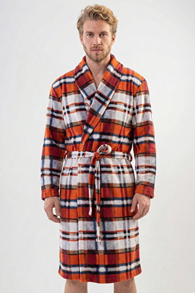 cotonhause Men's Shawl Collar Belted Plaid Patterned Fleece Robe Cot312113