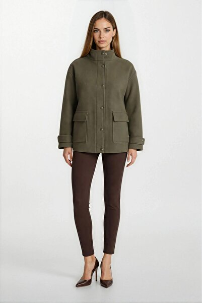 Spazio Petunia Dik Yaka Fermuarlı Kapaklı Büyük Cepli Mont HAKİ