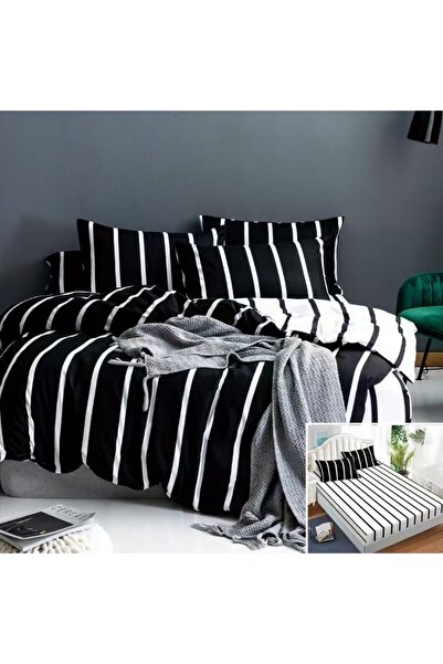 OEM Bed linen, 2 people, satin cotton, 4 pieces, with elastic, black and whit...