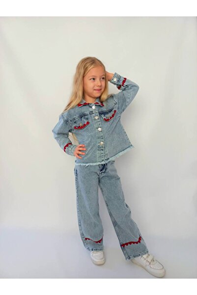 gnygiyim Devojčica, crvena izvezena detaljna traper jakna i pantalone, svečan...