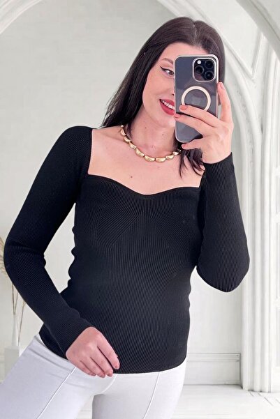 MODAMERSİ Women's Black Sweetheart Neckline Ribbed Knitwear Sweater