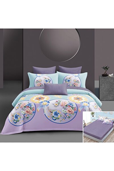 OEM Bed linen, 2 people, satin cotton, 4 pieces, with elastic, purple and tur...