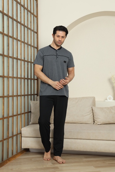 MODAREYA Men's Short Sleeve Buttoned Cotton Summer Anthracite Pajama Set