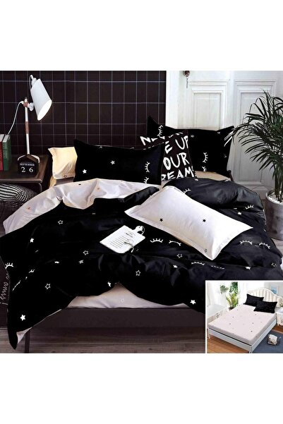 OEM Bed linen, 2 people, satin cotton, 4 pieces, with elastic, black and whit...