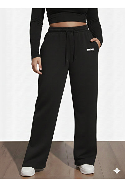 MaxiMor Women's Black Color Full Stretch Fabric Fabric Wide Leg Sweatpants