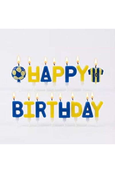 parti sürprizi Taraftar Temalı Futbol Topu Happy Birthday Sarı Lacivert Mum Set