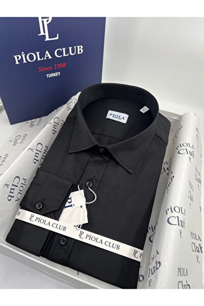 Piola Club Pocketless Men's Shirt Slim Fit Long Sleeve Satin (Black)