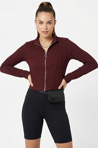 Rays Front Zippered Short Cardigan Plum 3080A