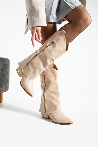 BERFONA Diva Beige Leather Boots with Zipper Detail and 6 cm Heel