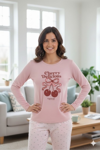 FAMES PİJAMA Women's Powder Long Sleeve Stretch Fabric Viscose Summer Pajama Set