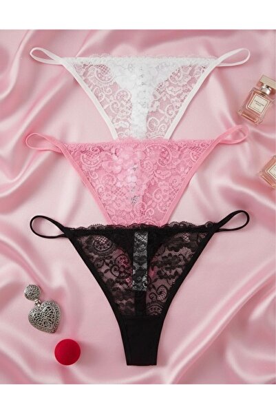 Oprah Kadın 3 Lü Paket Renkli Dantelli Pamuk String Külot