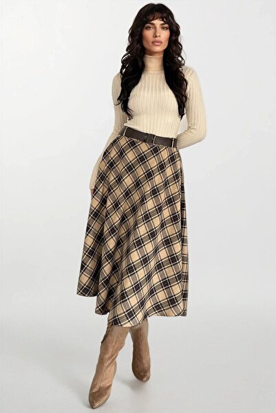 Trend Alaçatı Stili Fusta de damă, maro lapte, din piele, cu curea, modelată,...