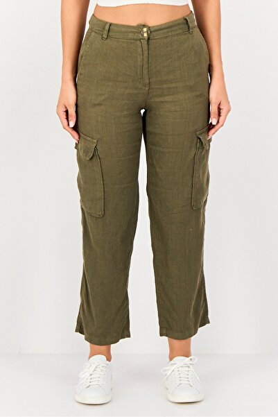PROMOD Women Regular Fit Plain Belted Cargo Pants, Olive
