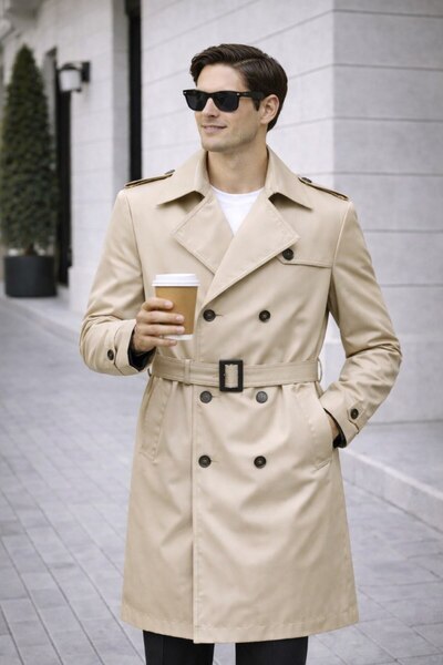 BASEL.CO Men's Modern Fit Trench Coat - Belted, Double Breasted, Timeless Design