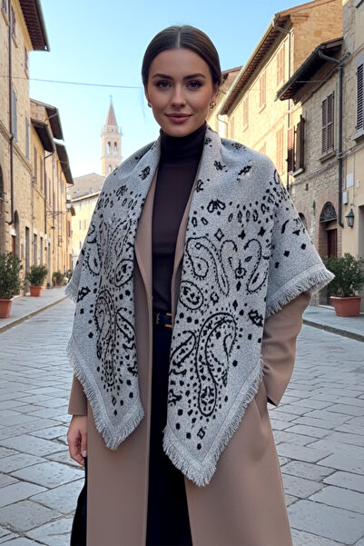 REMSA Cashmere Knitted Patterned Square Shoulder Shawl 108X108 cm 1300 Gray