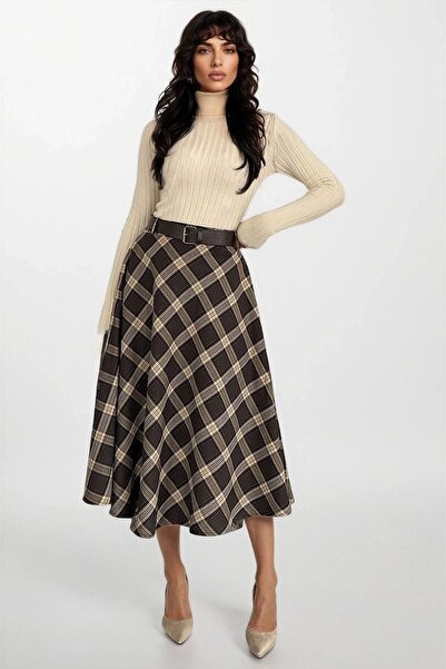 Trend Alaçatı Stili Women's bitter brown leather belted maxi patterned bell s...