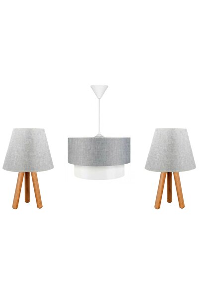 Vivense EVLİGHT ÜÇLÜ SET AVİZE VE KOMODİN ÜSTÜ ABAJUR GRİ