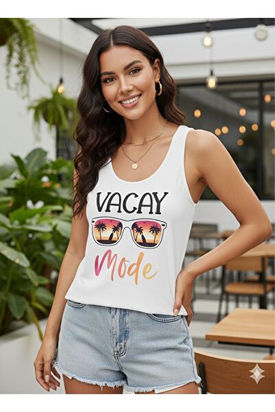 FAVORİST Vacay Mode Printed Women's White Off-The-Shoulder Strap Summer Cotto...