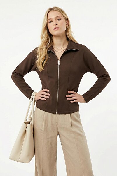 Rays Cardigan cu fermoar cu guler cămașă maro 8366A