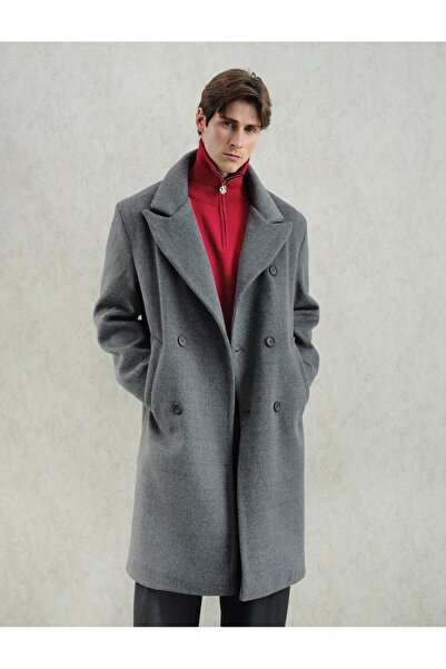 GIESTO Kemerli Gri Kaşe Kaban