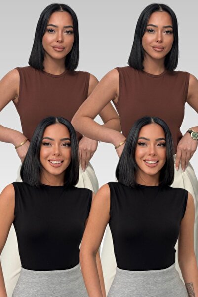 Lunamiratto Women's 2 Brown 2 Black Crew Neck Cotton Sleeveless Bodysuit Zero...