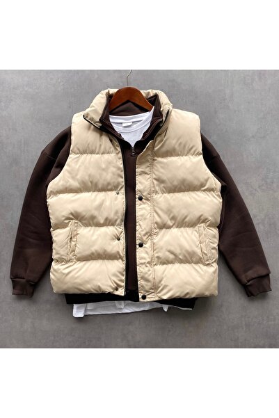 THANBUTİK Padded Inflatable Vest and Half Zipper Stand Collar Fleece Sweat Se...