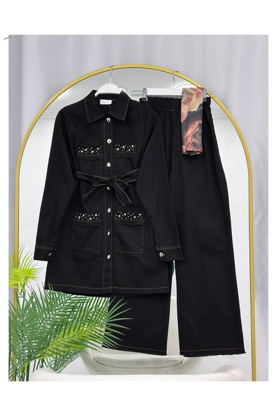 YEDİLALE Beaded Embroidered Pocketed Belted Denim Jacket Pants Two-Piece Set