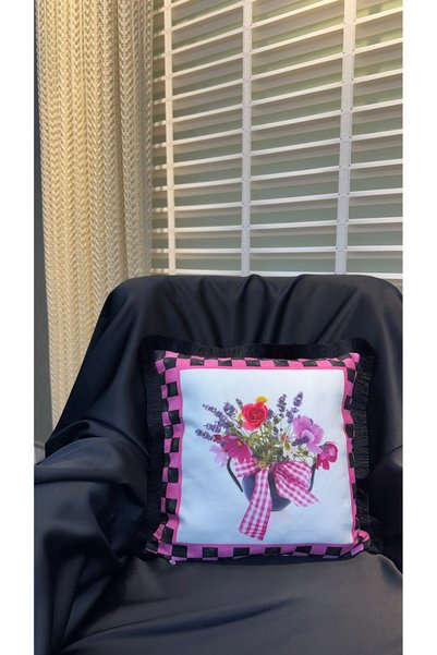 Nef’s Atelier Decorative Pink Floral Patterned Checkerboard Throw Pillow Cover with Tassel Detail 43*45
