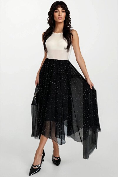 Trend Alaçatı Stili Women's Black Stone Designed Maxi Size Chiffon Skirt with...