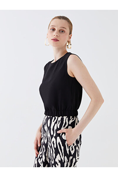 LC Waikiki Einfarbige Crop-Damenbluse mit Rundhalsausschnitt