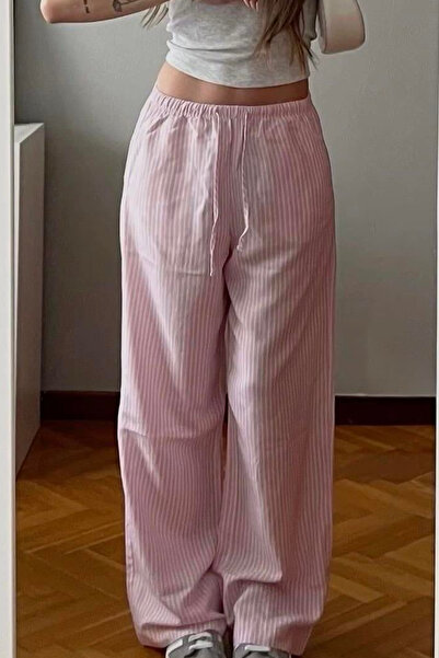 İlayda Toprak Lisbon Çizgili Bol Paça Pembe Eşofman Altı