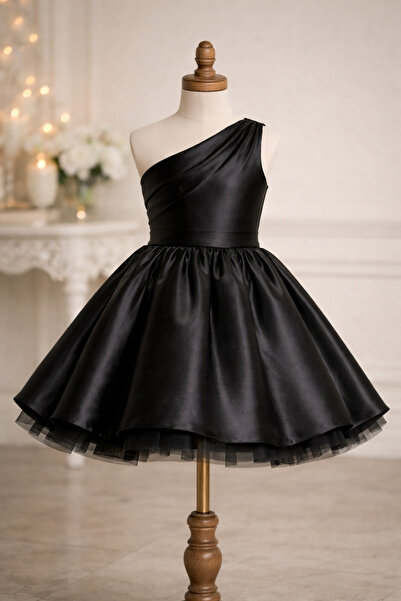 İkrabutikbursa Rochie neagră din satin cu un singur umăr pentru fete – Rochie...