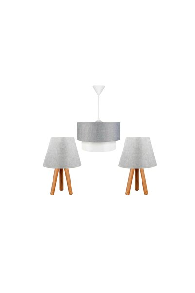 Vivense EVLİGHT 3'LÜ SET AVİZE VE KOMODİN ÜSTÜ AHŞAP ABAJUR GRİ